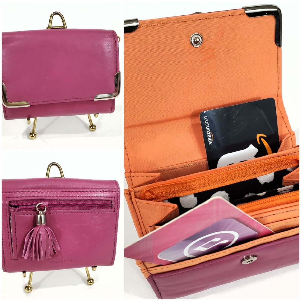 Pink Leather Bi-fold Wallet Multi-Compartment
